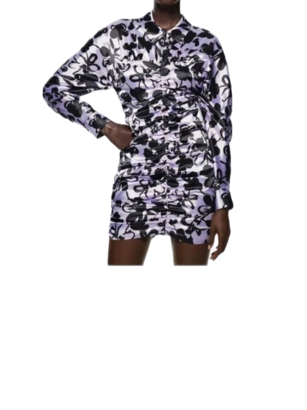 Zara Lilac and Black Abstract Print Long-Sleeve Ruched Mini Dress